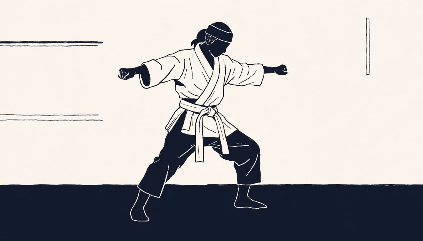 One karate practitioner holds a strong stance in a quiet dojo.