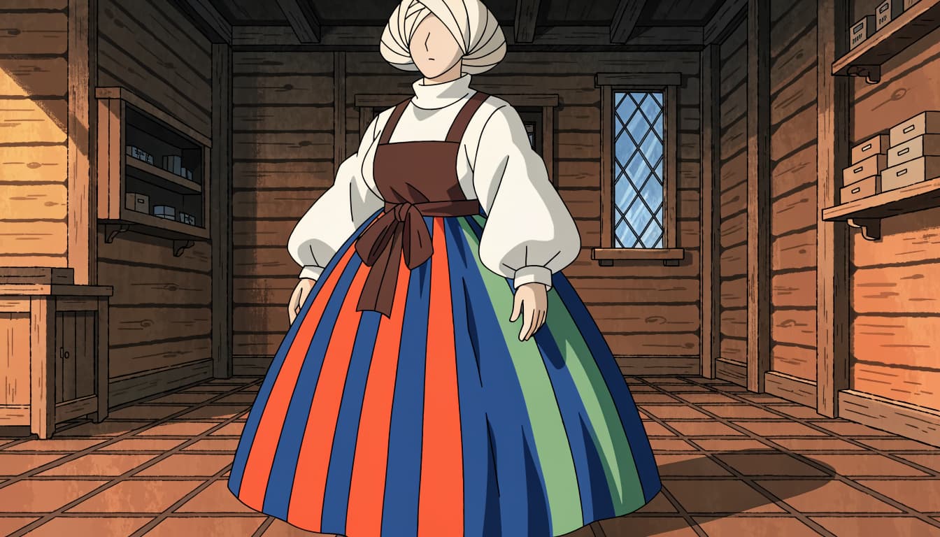 A mannequin displays a striped skirt, white blouse, apron, and head covering in a wooden gallery.