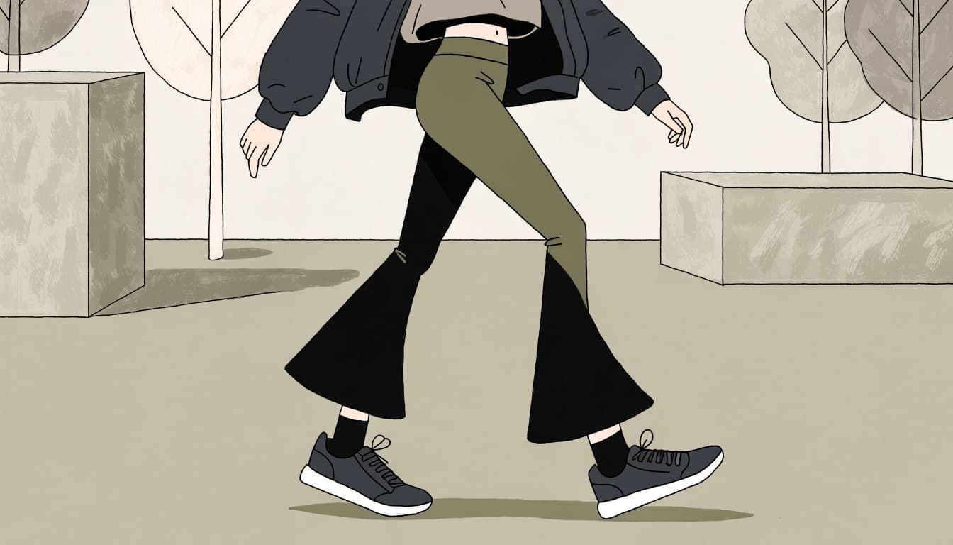 A woman in black flare leggings and a bomber jacket stands on a park path.
