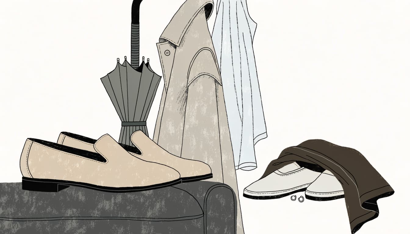 Loafers, flats, a cardigan, and folded shawl rest on a bench near an umbrella and spring coat.