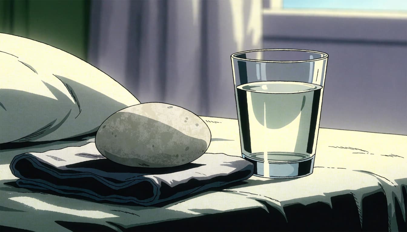 A small stone and glass of water sit on folded cloth in soft morning light.