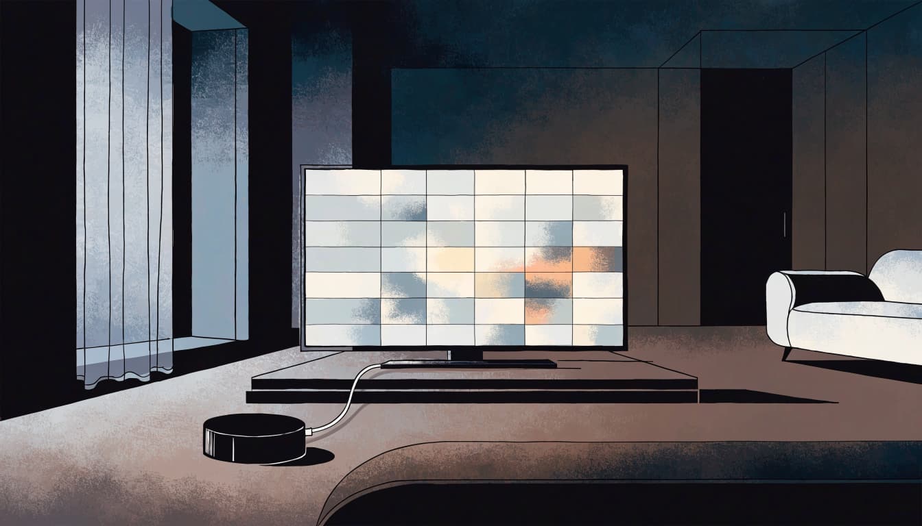 A streaming stick sits before a television displaying a grid of media tiles.
