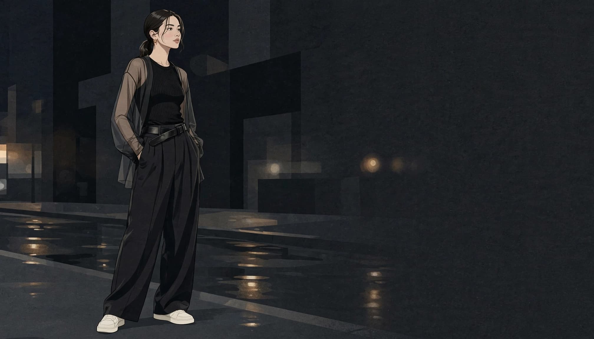 A woman in a sheer layered top, wide-leg pants, and sneakers stands on a dim city sidewalk.