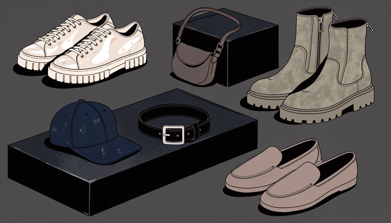 Sneakers, boots, loafers, a belt, cap, and crossbody bag arranged on charcoal blocks.