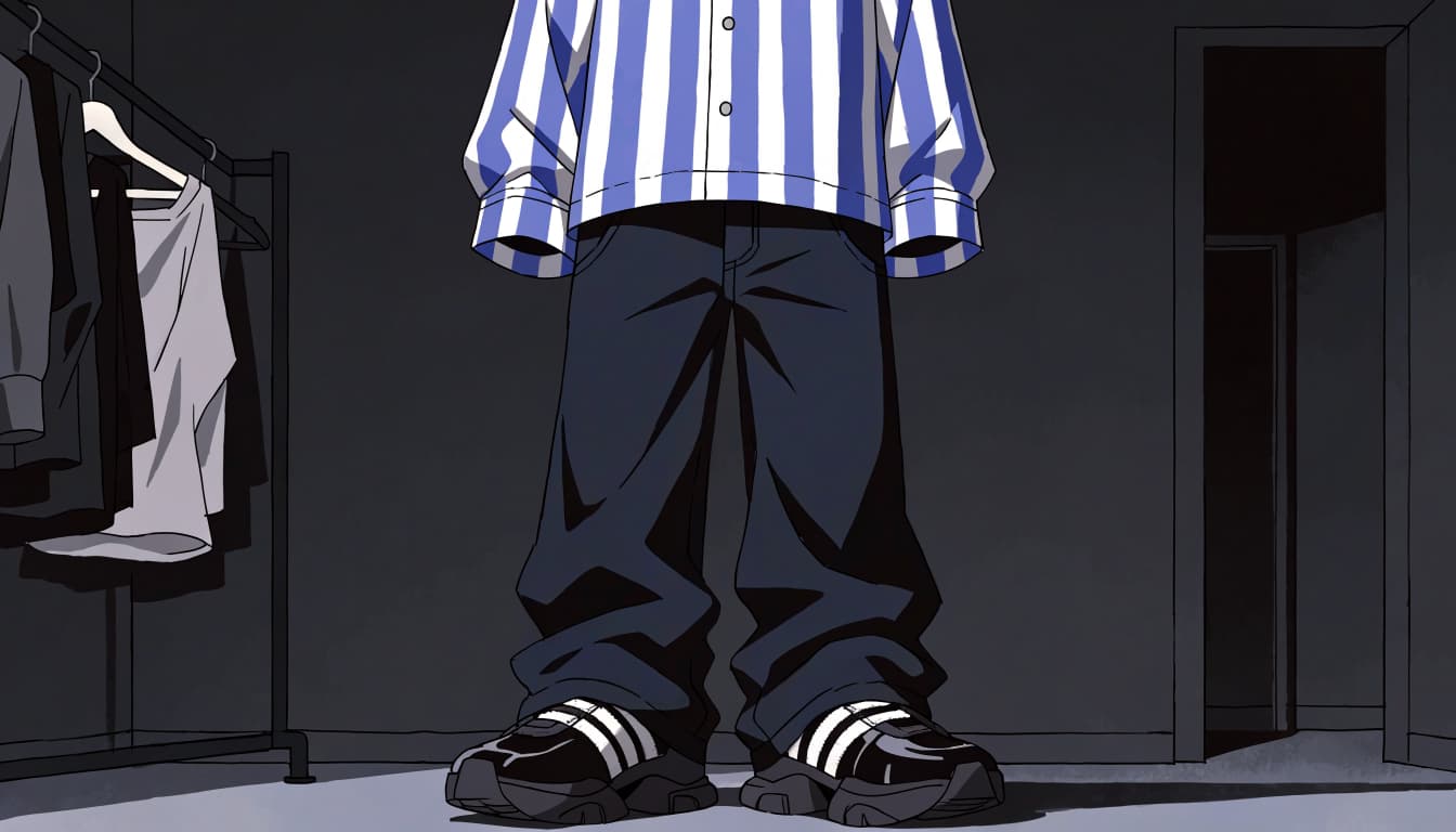 A mannequin wears a striped shirt, dark jeans, and sneakers in a studio.