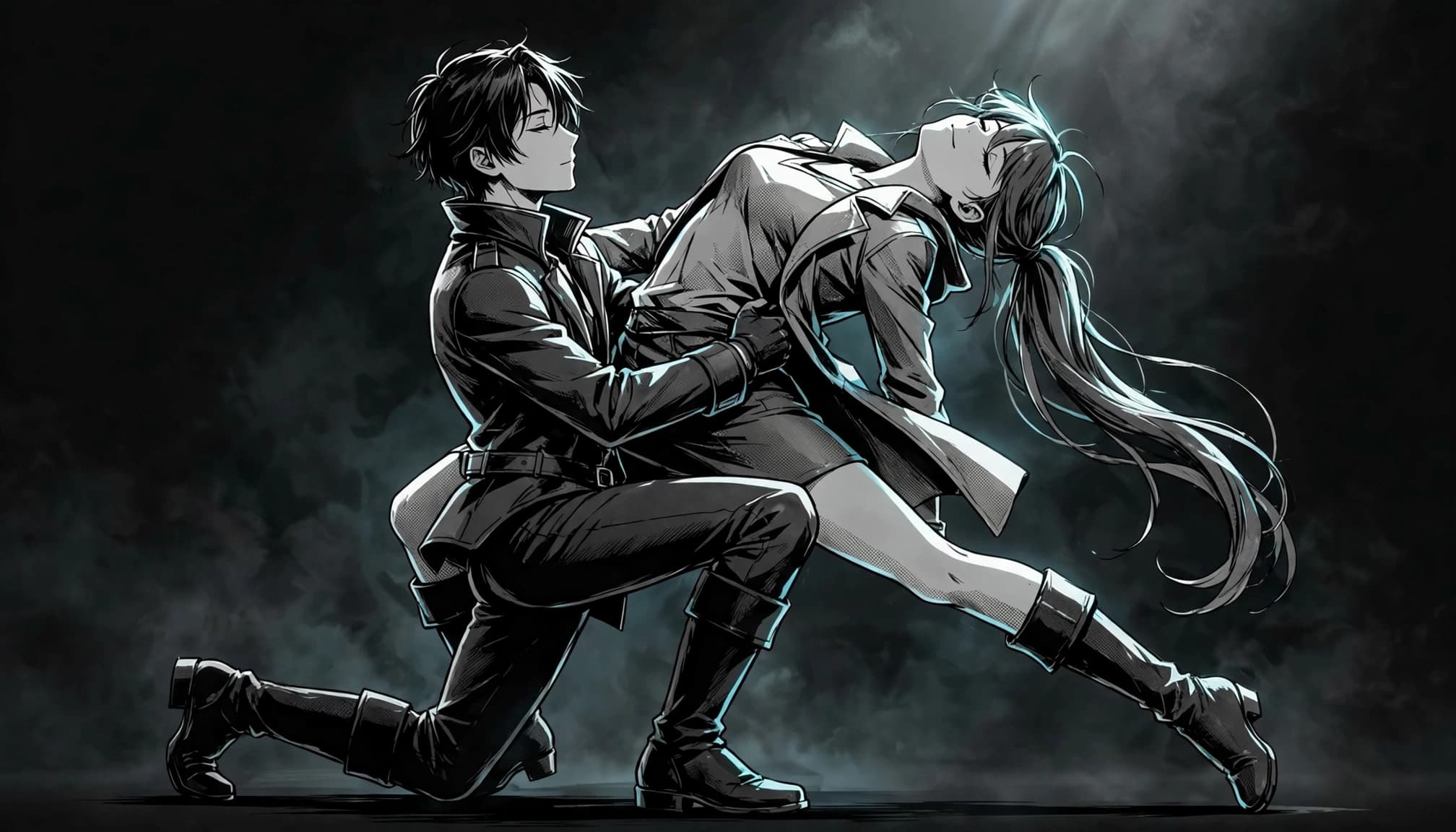 Two stylized figures pose in a supported dance dip against a dark background.