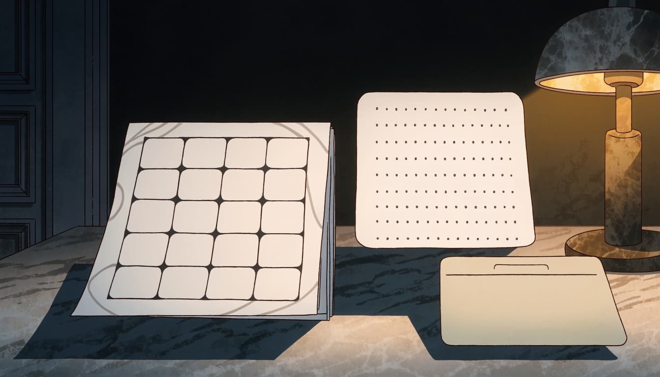 A blank calendar, an unmarked receipt, and a small payment card sit on a dimly lit table.