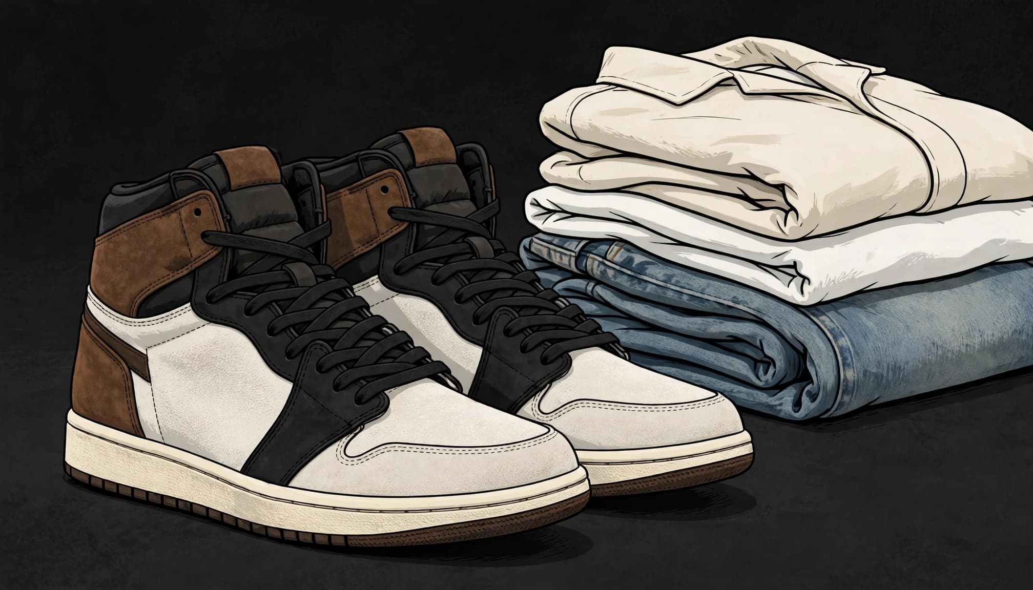 Suede high-top sneakers sit beside folded jeans, a white tee, and a cream overshirt.