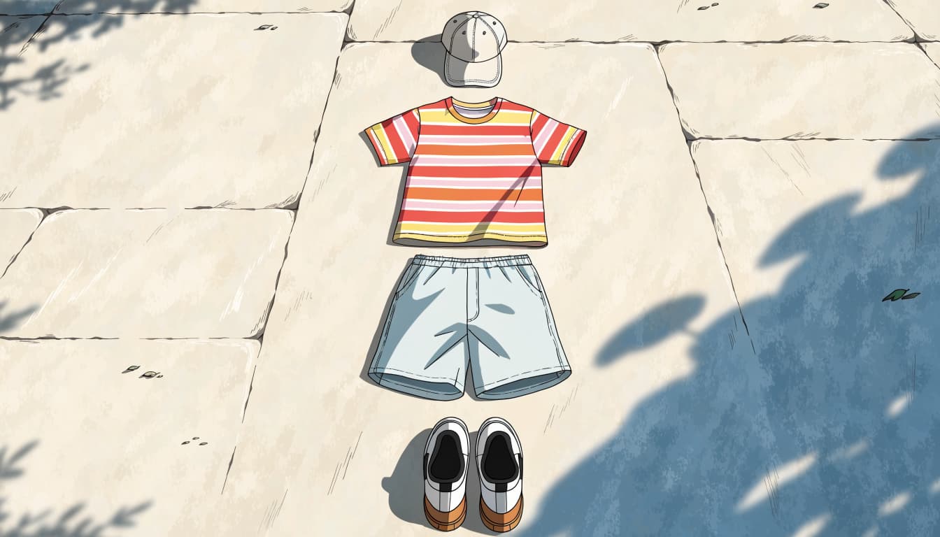 A cap, striped shirt, shorts, and sneakers arranged on a sunny patio.