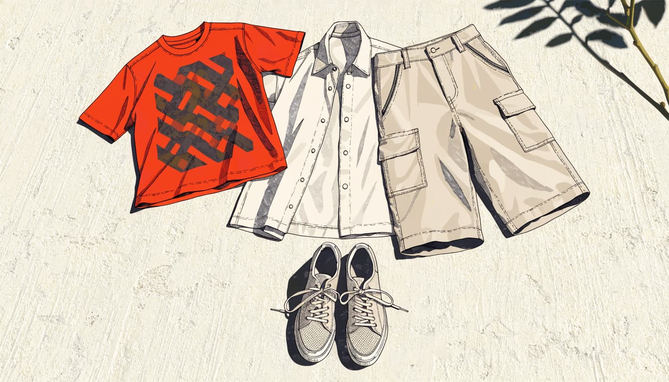 A graphic tee, cargo shorts, open overshirt, and sneakers arranged on pale concrete.