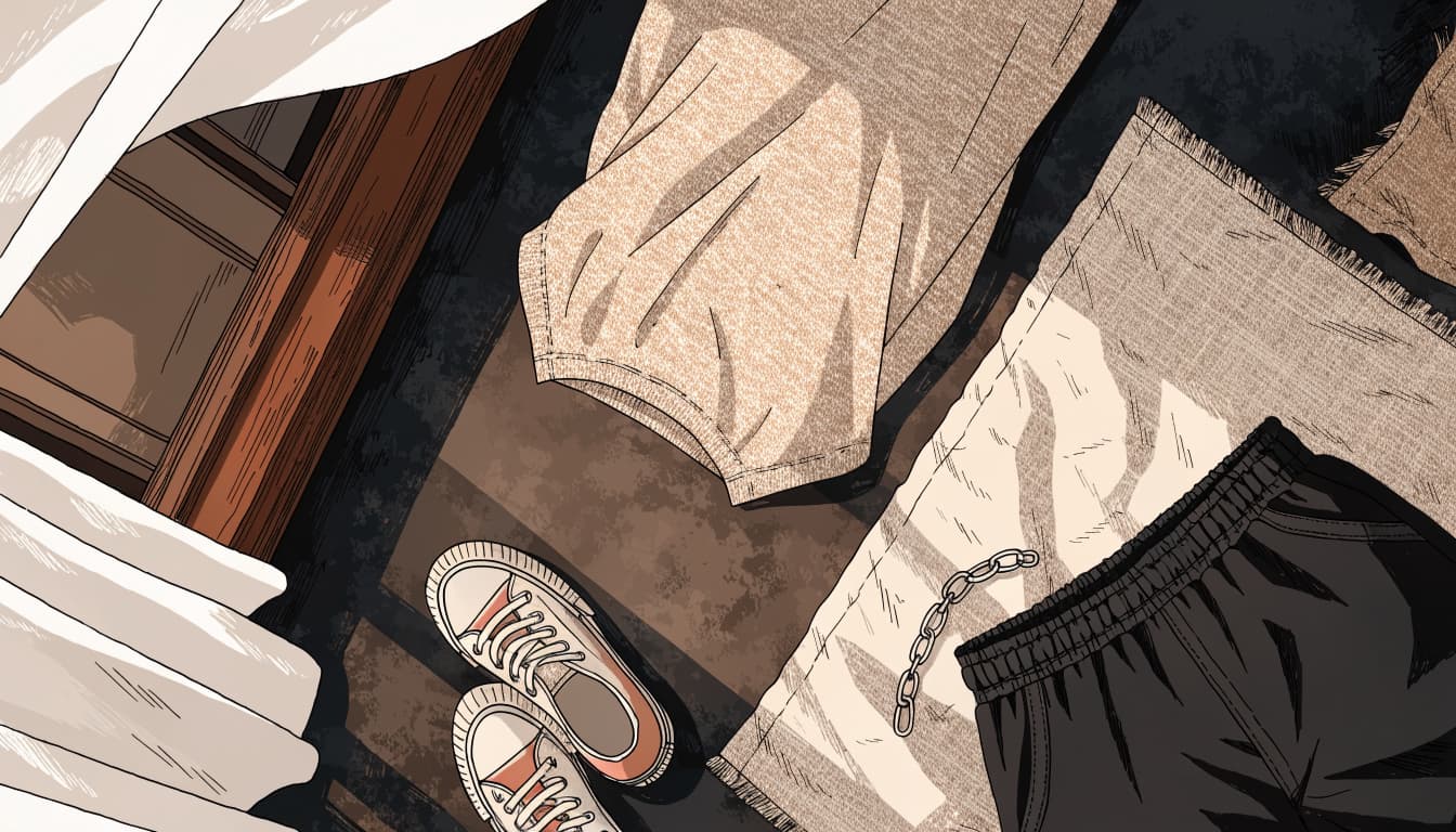 Linen and cotton fabrics, black shorts, a silver chain, and sneakers on a sunny floor.