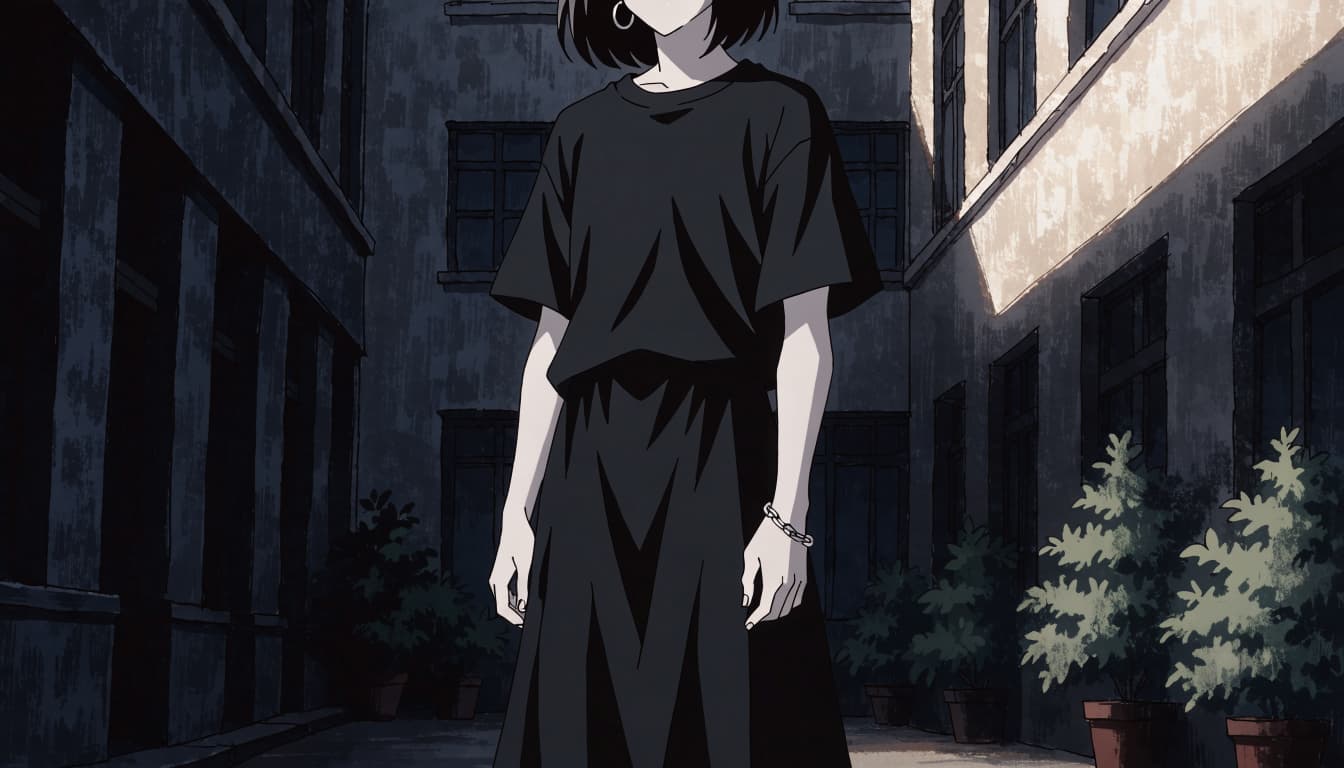 A mannequin displays a black tee, flowing skirt, and silver jewelry in a courtyard.
