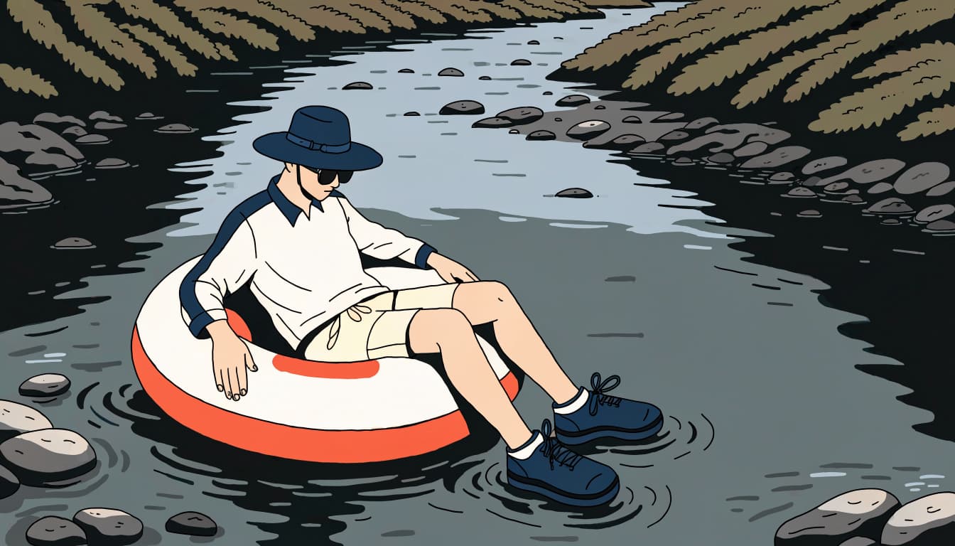 A person in sun-protective clothes sits on a bright tube in a shallow river.
