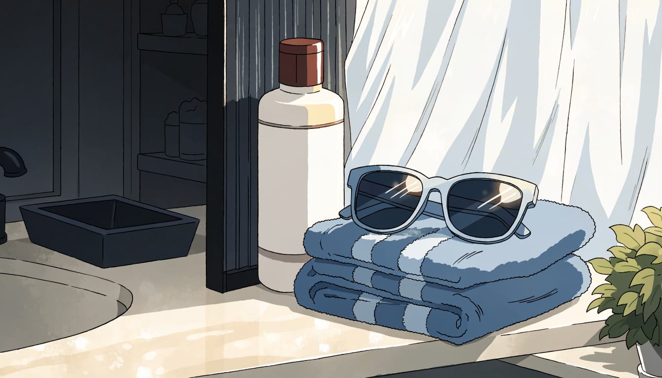 A tanning lotion bottle, folded towel, and sunglasses sit on a bathroom shelf beside a plant.