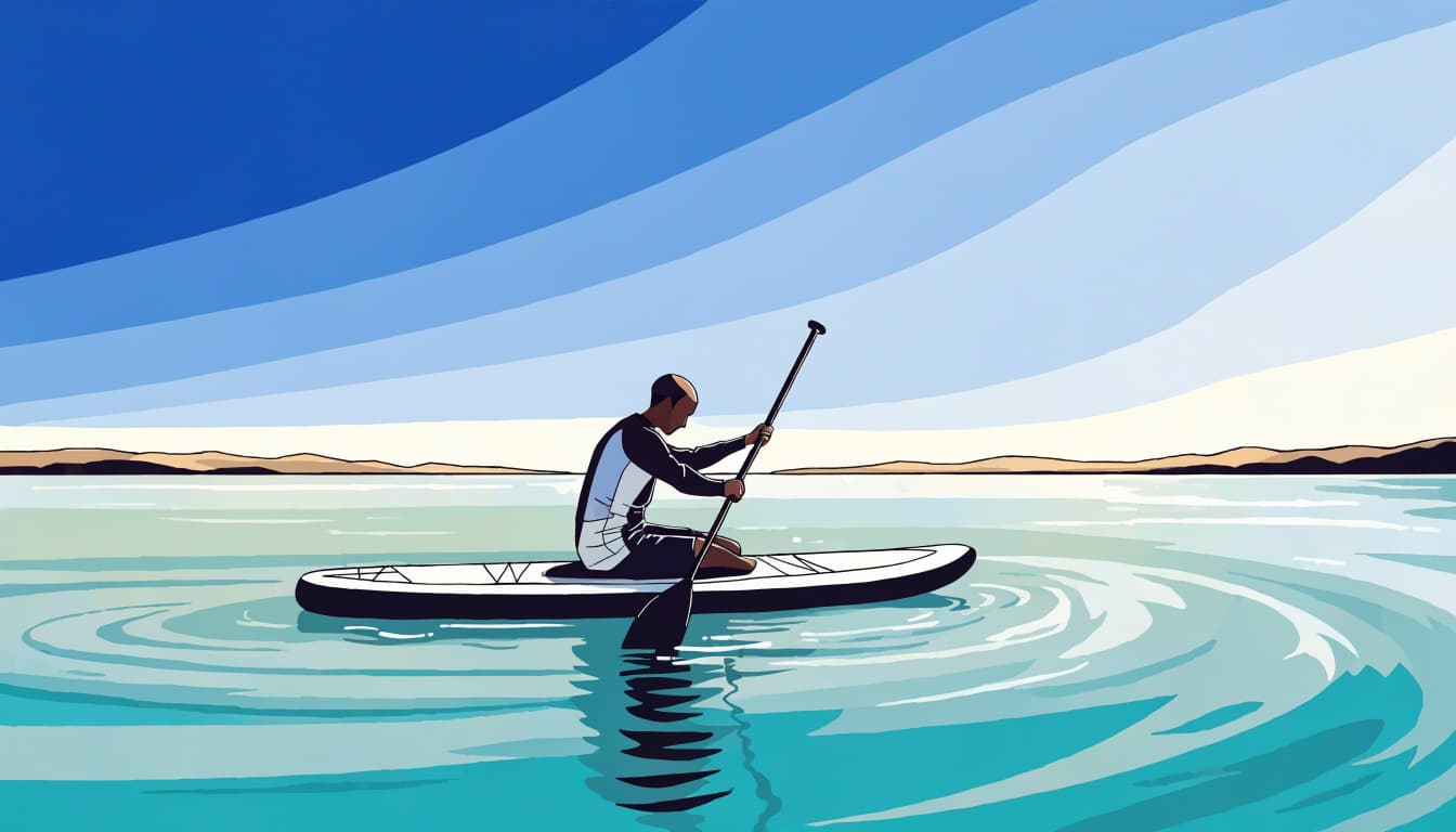 A paddleboarder in warm-weather clothes crosses a calm lake beneath a sunny sky.