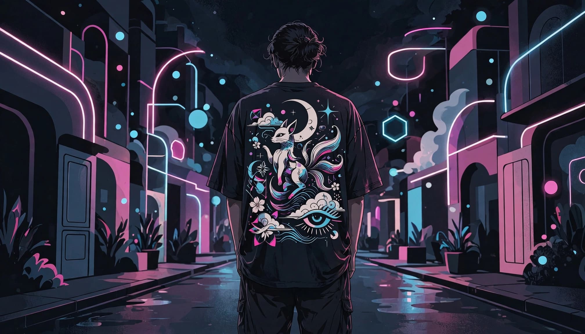 Person wearing a large anime-inspired graphic T-shirt on a colorful night street.