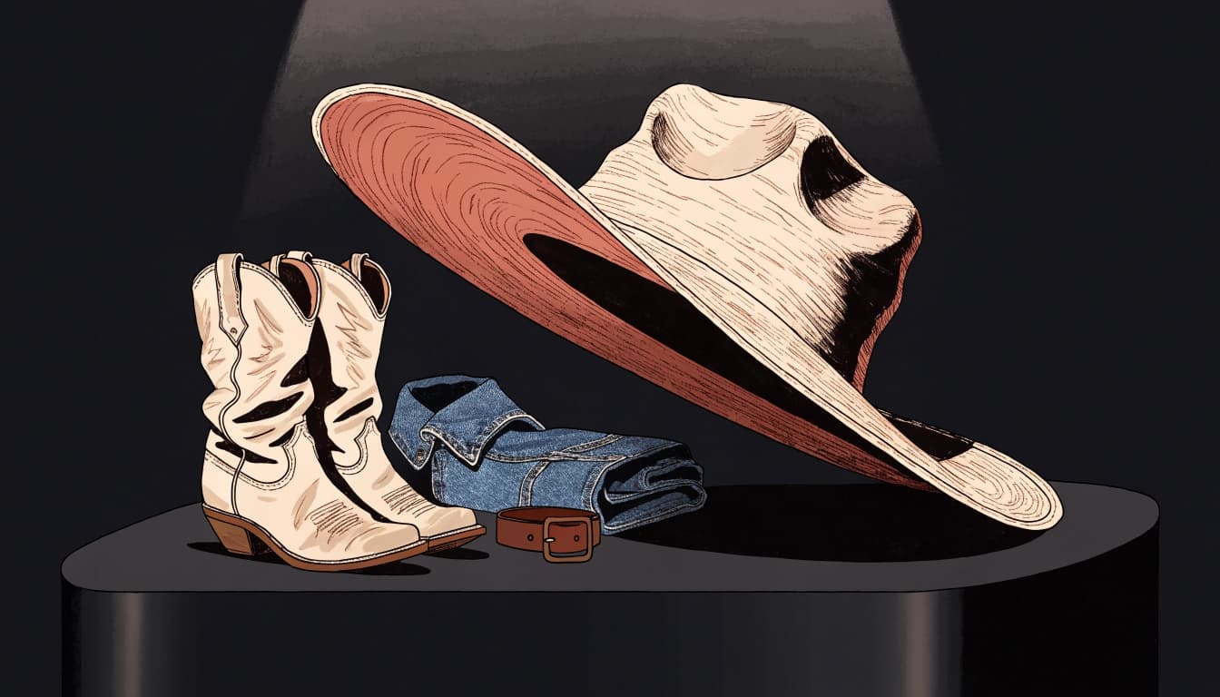Cowboy boots, folded denim, and a leather belt sit beneath a warped hat on a dark plinth.
