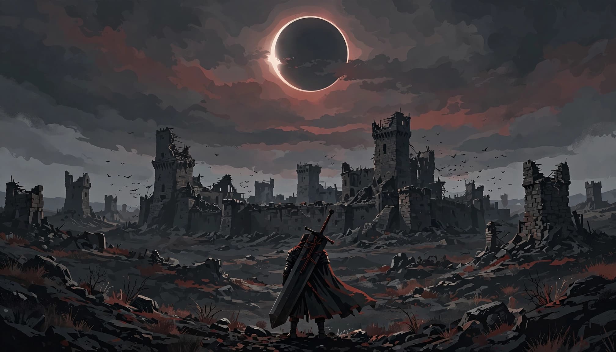 A lone swordsman faces a ruined fortress beneath a red-gray eclipse.