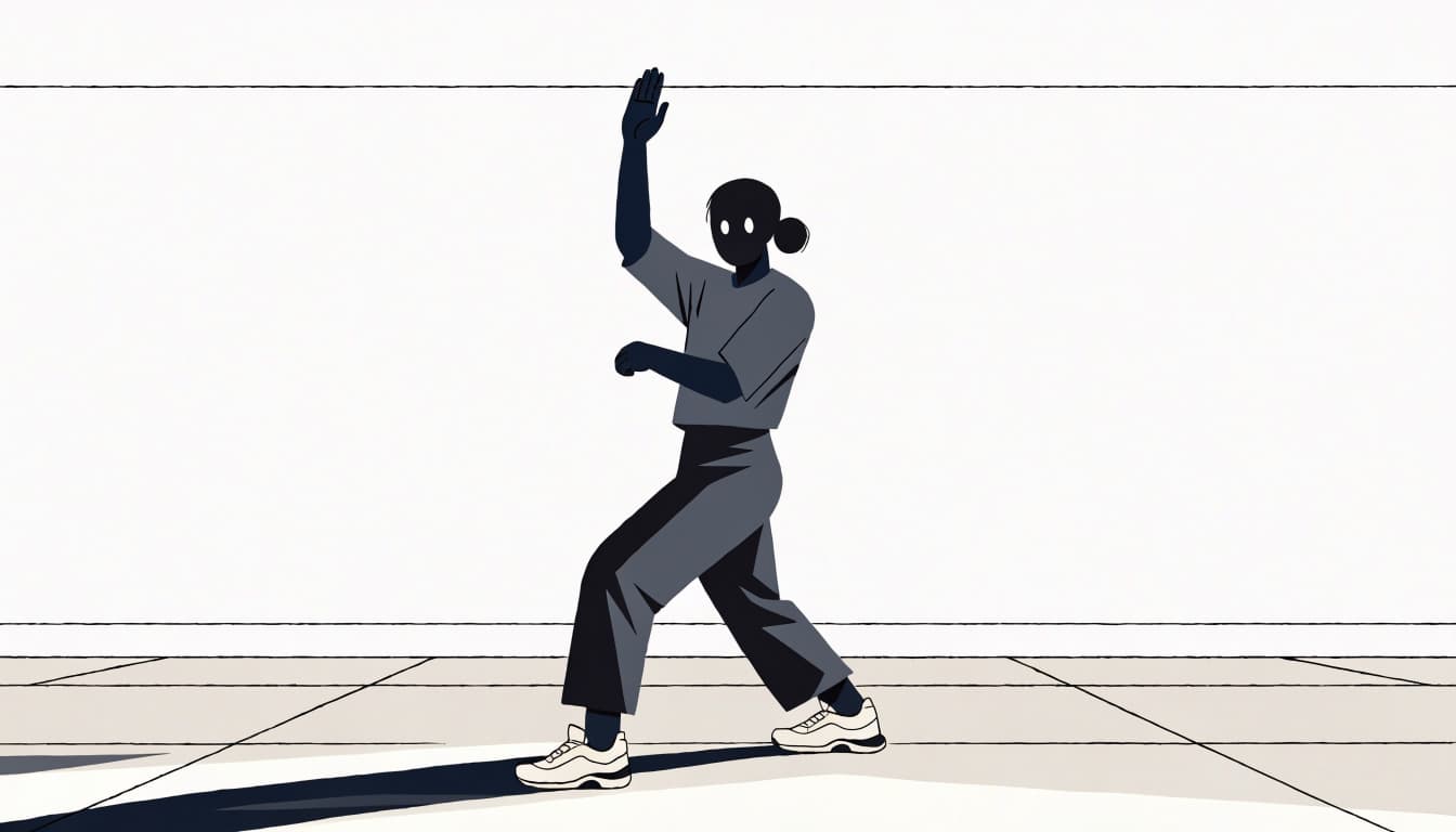 A taekwondo student holds a high block stance in a bright training hall.