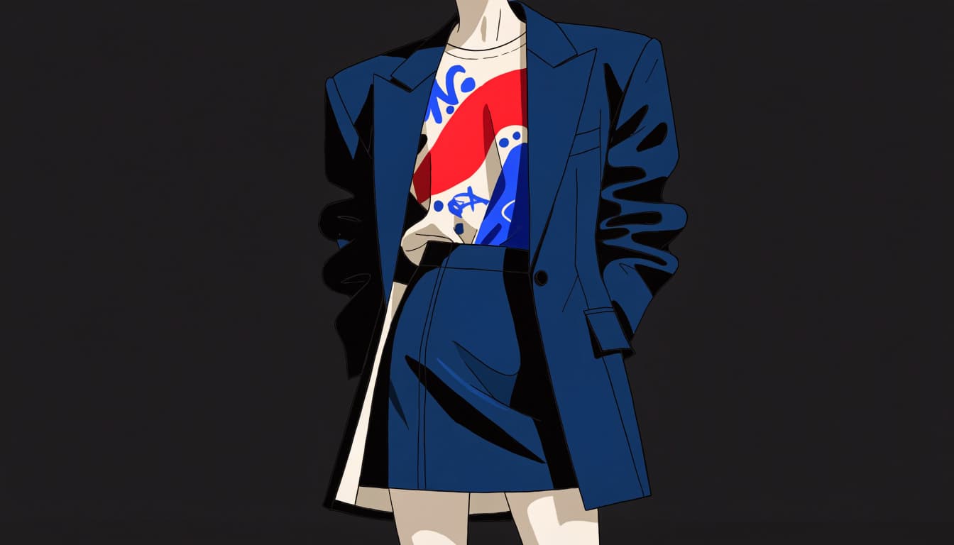 A mannequin pairs a dark blazer and pencil skirt with a colorful abstract tee.