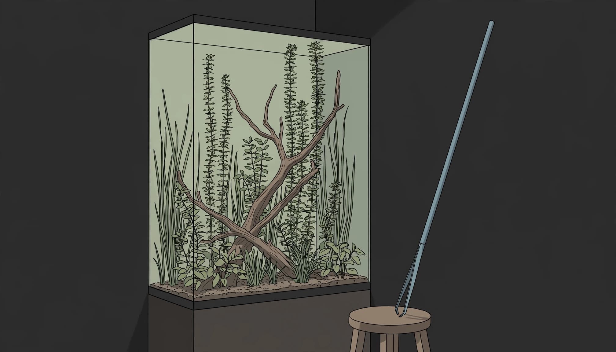 Tall planted aquarium beside a small stool and long-handled maintenance tool.