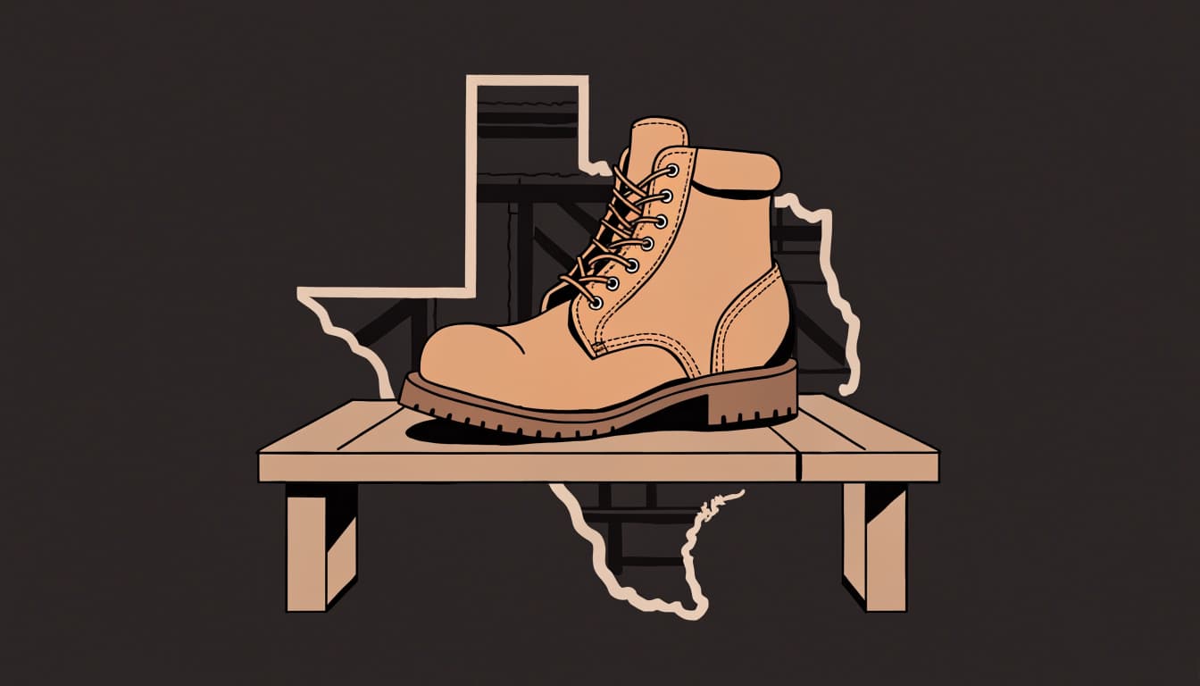 A tan leather boot rests on a workbench with a small workshop in the background.
