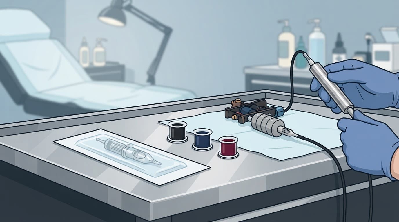 Sterile needles and single-use ink cups arranged on a clean tattoo studio surface.