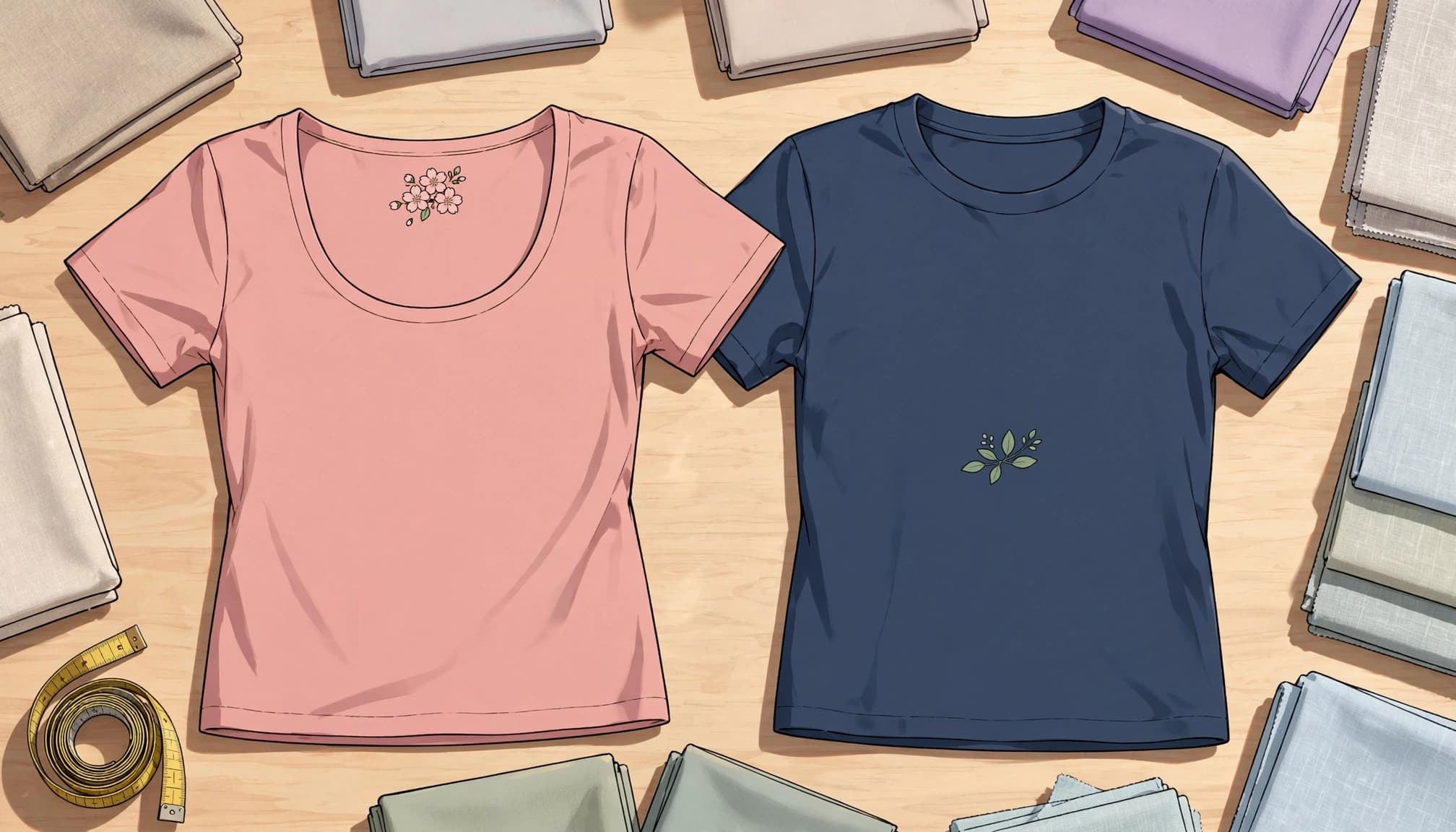 Two t-shirts with floral graphics lie flat on a wooden table with fabric swatches.