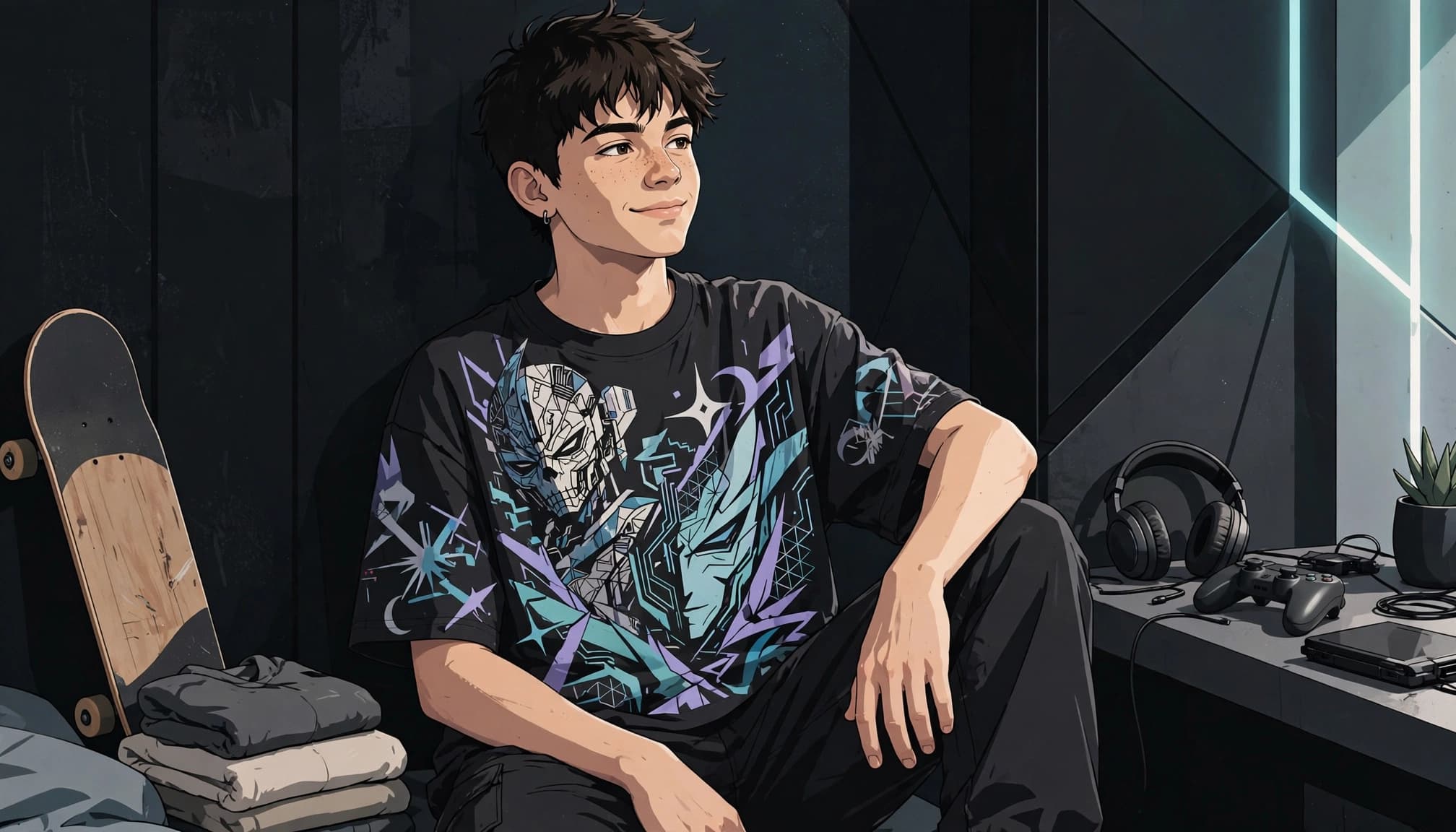 Teen wearing an oversized anime-style graphic T-shirt in a bedroom corner.