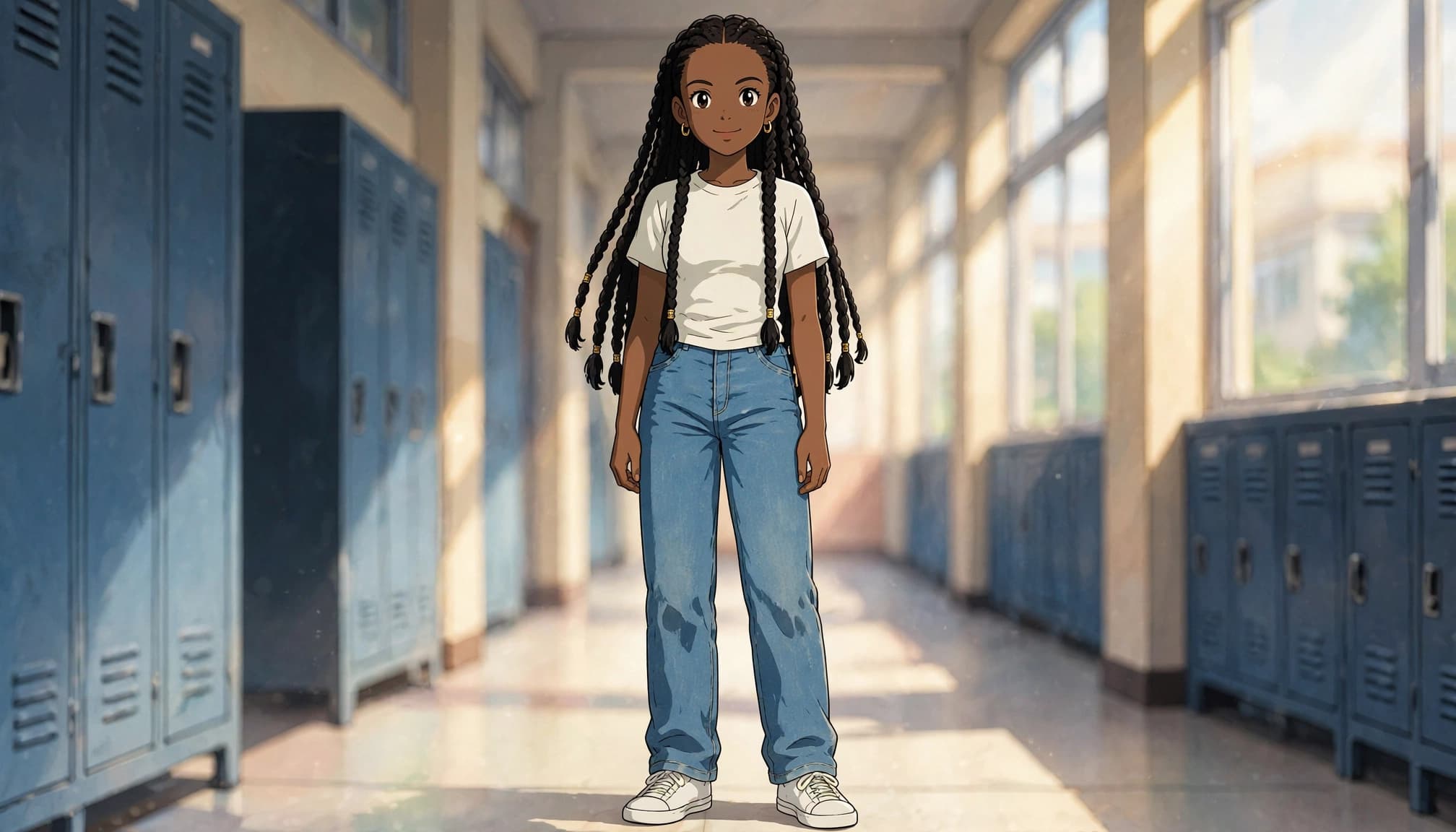 A teen girl wears jeans, a fitted tee, and sneakers in a school hallway.