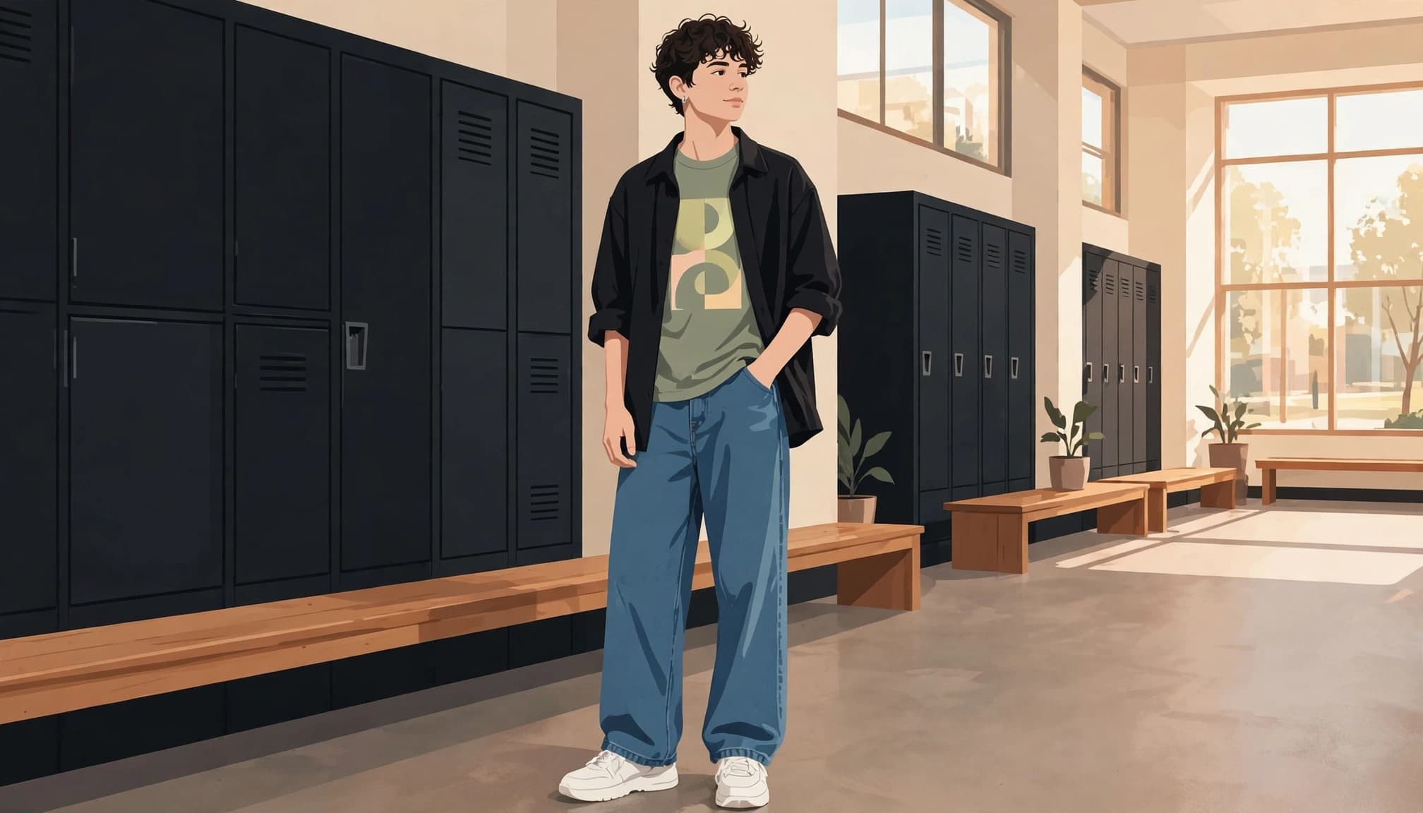 Teenager wearing a graphic tee, open overshirt, wide-leg jeans, and sneakers in a bright hallway.