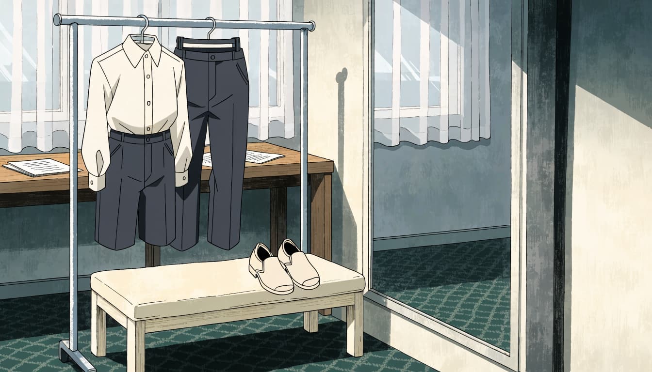 A cream shirt, dark trousers, and simple shoes arranged in a bright bedroom.