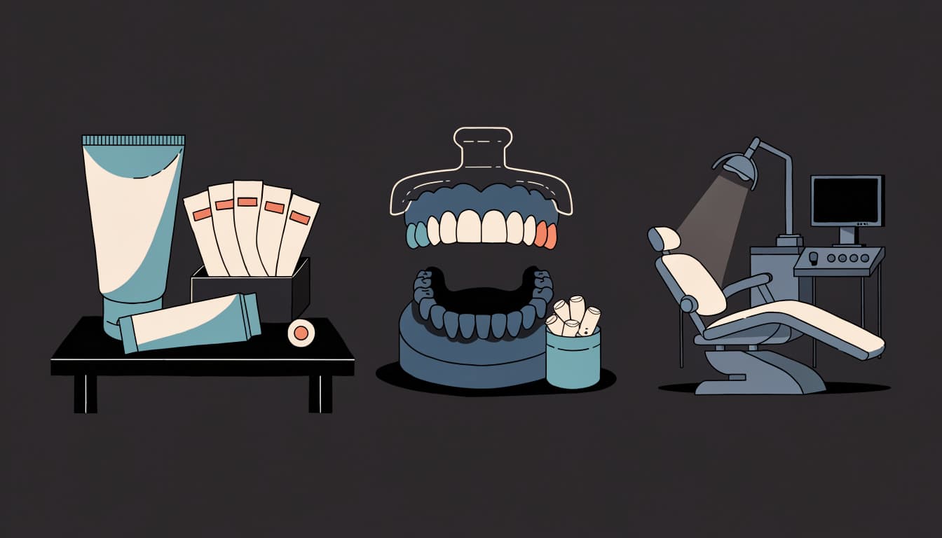 Whitening strips, toothpaste, a dental tray case, and a chair with a whitening lamp are shown in separate zones.