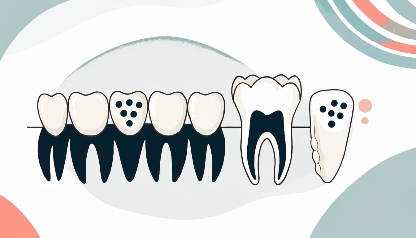 A row of natural teeth beside a crown and veneer in a simple dental diagram.