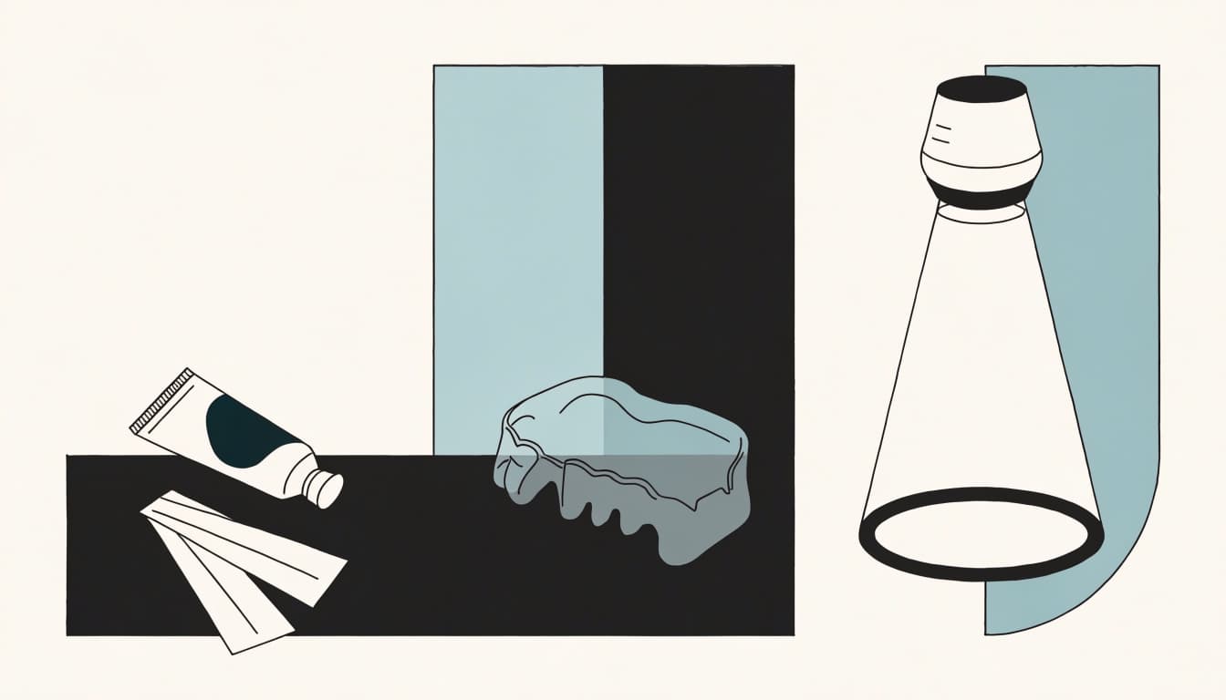 Toothpaste and whitening strips, a clear dental tray, and a whitening lamp sit in separate groups.