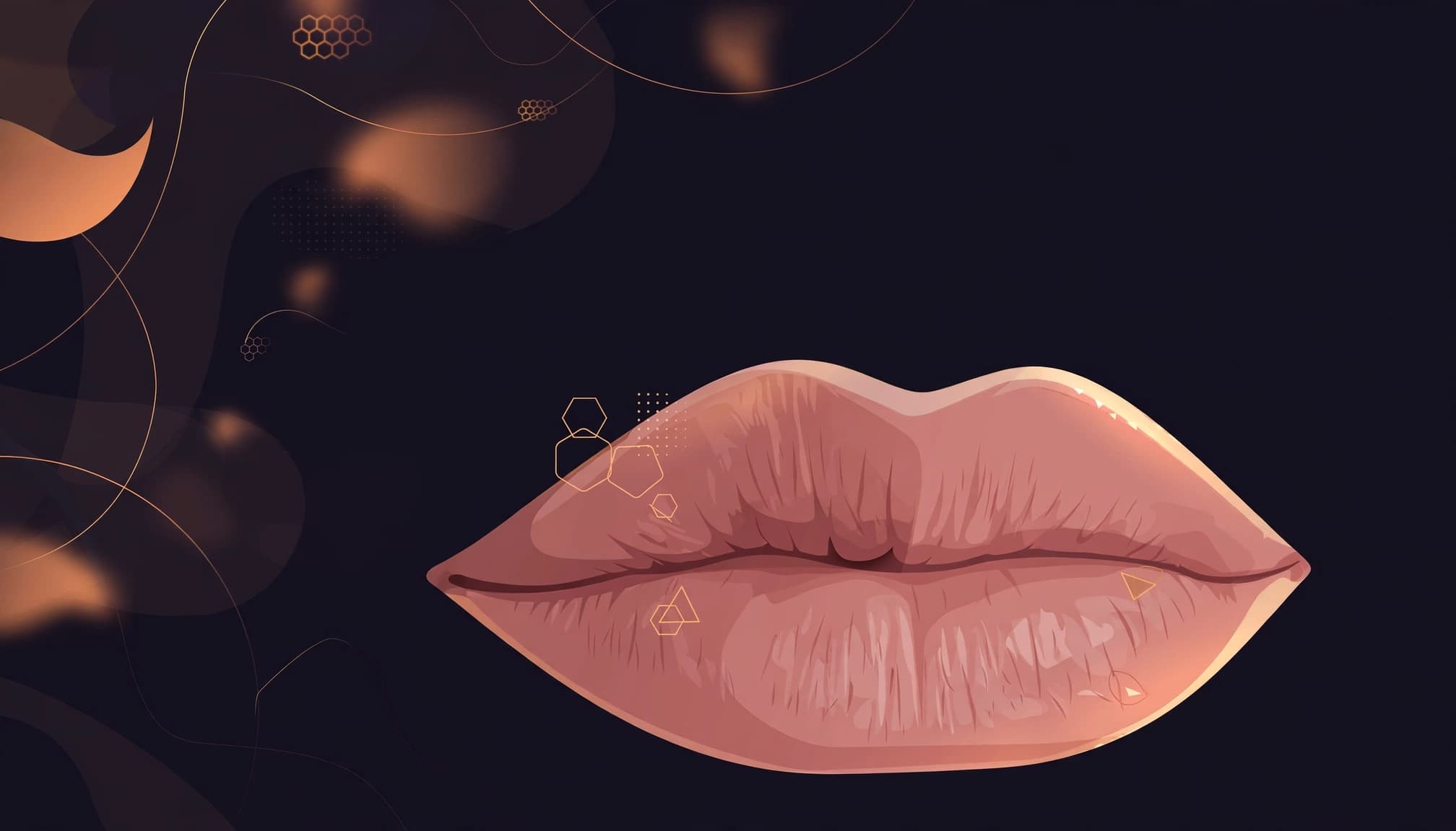 Illustration of mildly uneven lips with subtle geometric highlights on a dark clinic background.
