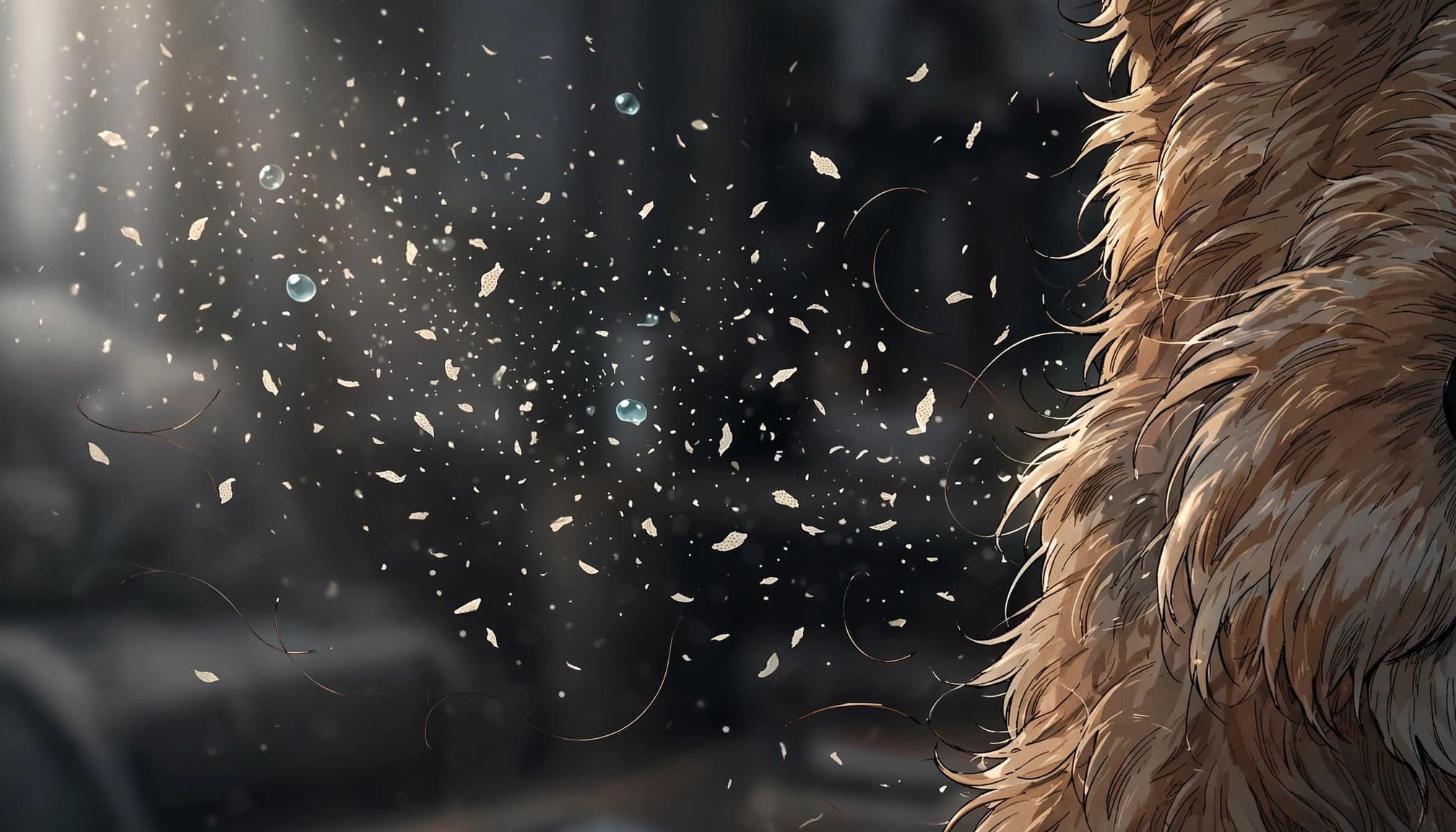 Fine dander and hair drift beside a terrier's coat against a dark background.