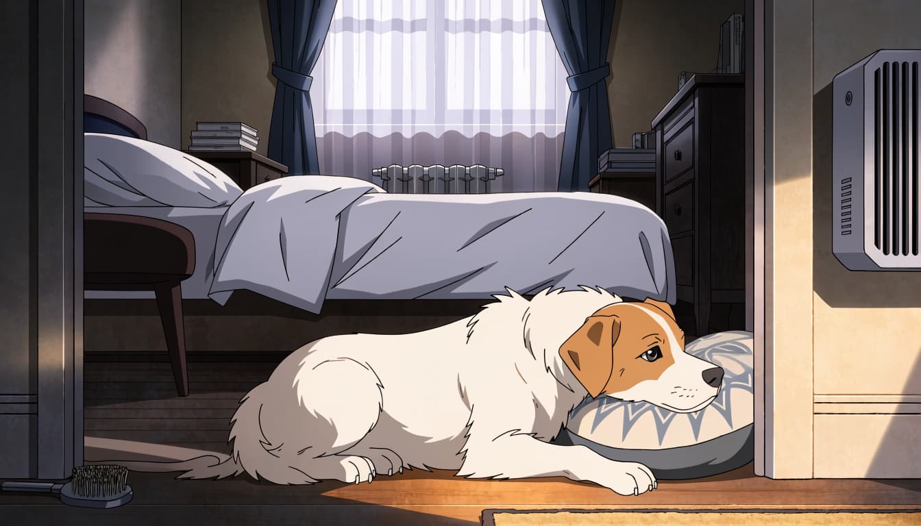 A terrier rests at a bedroom doorway near its bed, brush, and air purifier.