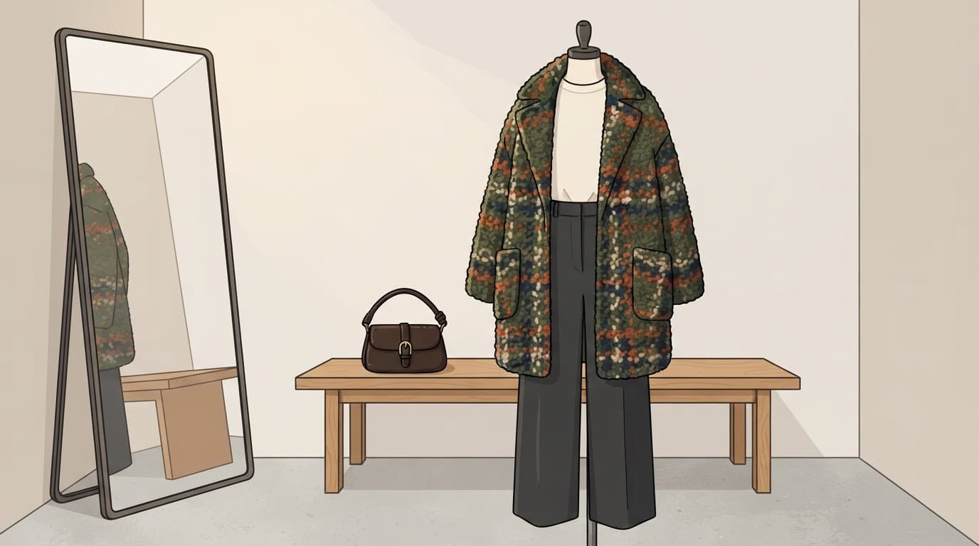 A dress form displays relaxed separates with a textured coat beside a mirror and bench.