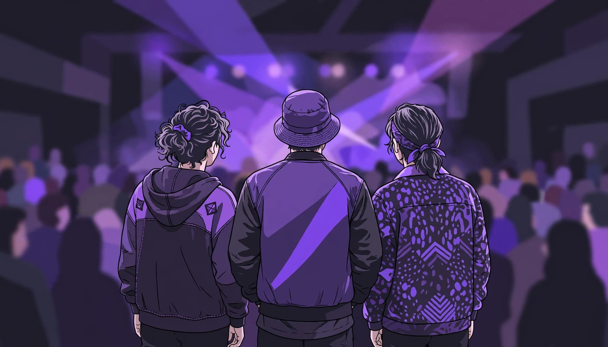 Three friends in different purple-accented outfits stand together at a concert.