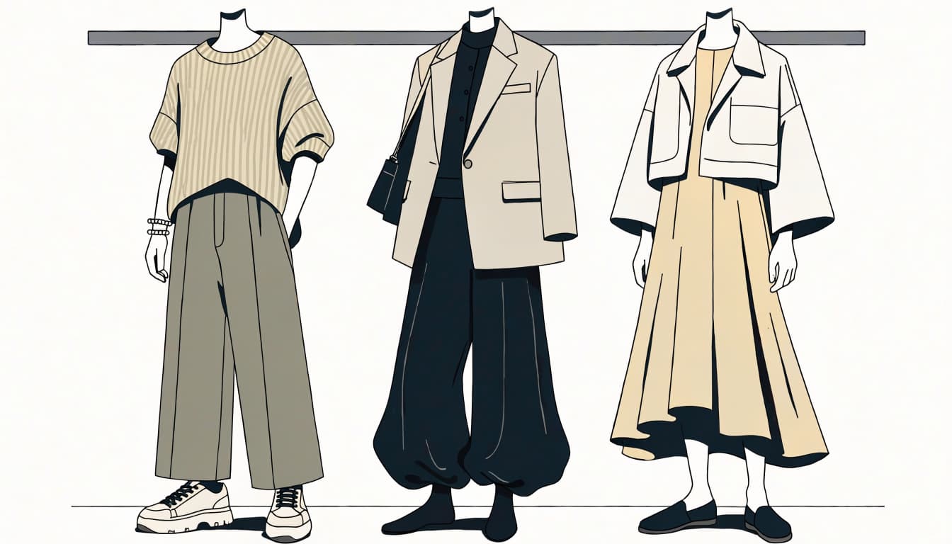 Three outfit silhouettes show casual, work, and occasion looks beside a clothing rail.