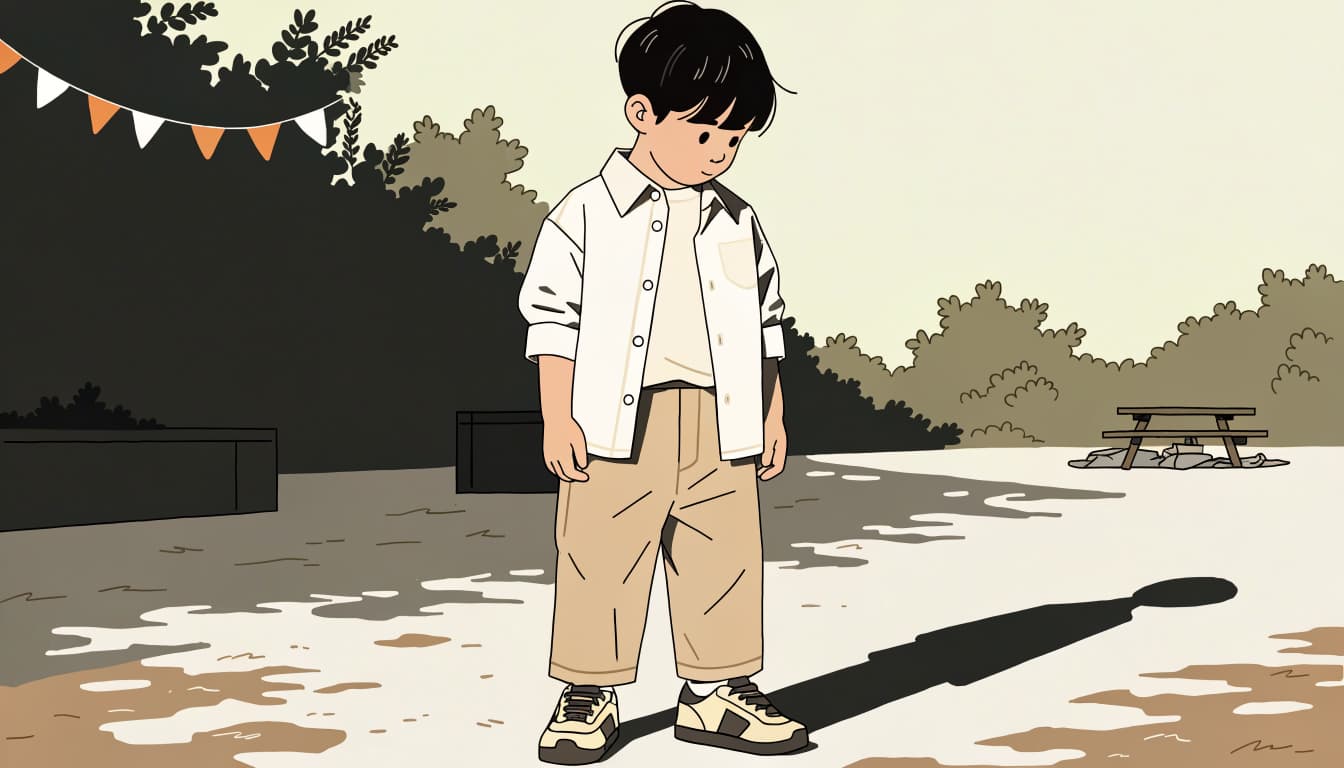 A toddler in a button-down shirt, chinos, and sneakers stands in a sunny backyard.
