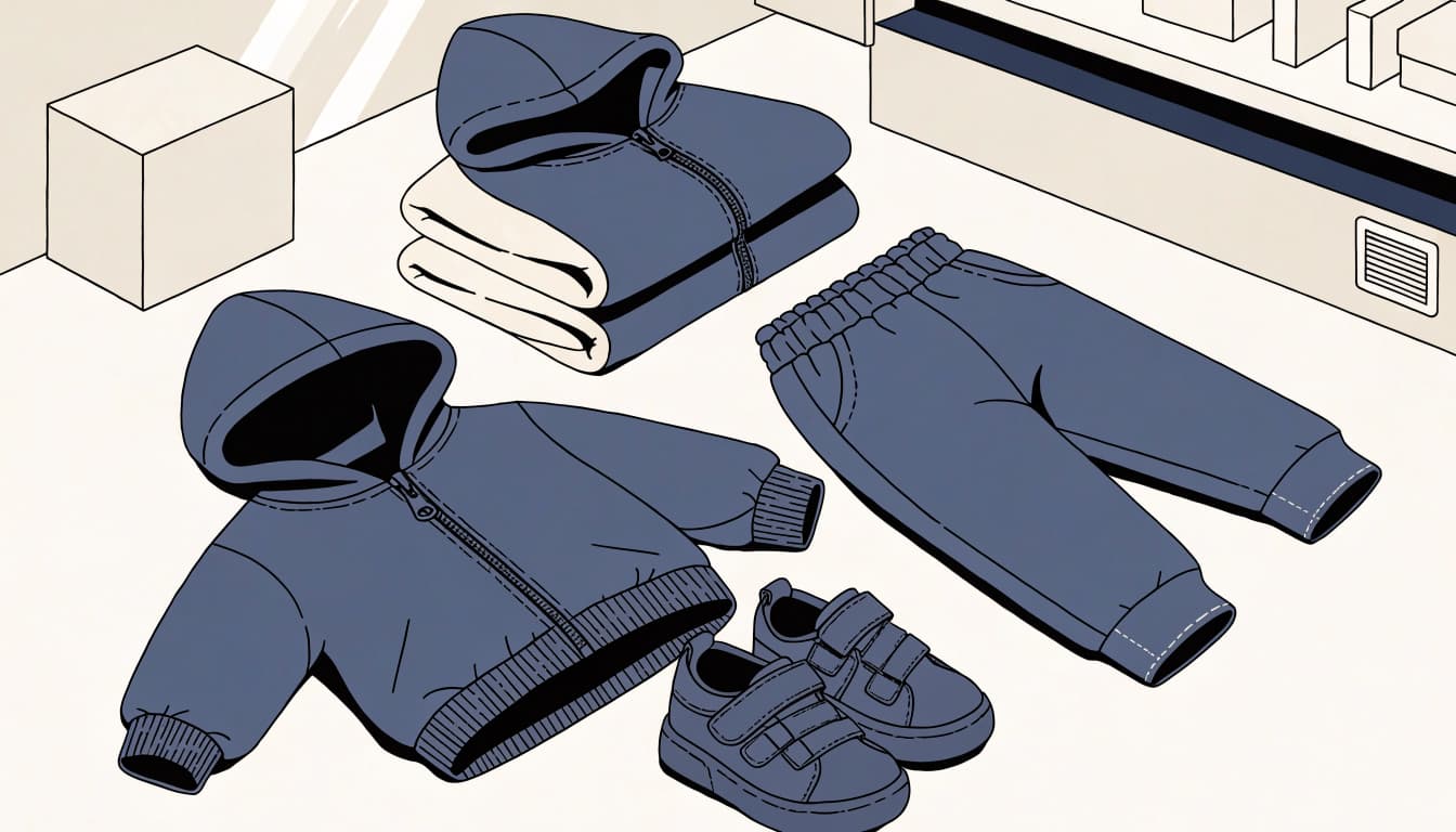 A toddler outfit with a soft shirt, elastic-waist pants, hoodie, and flexible sneakers.