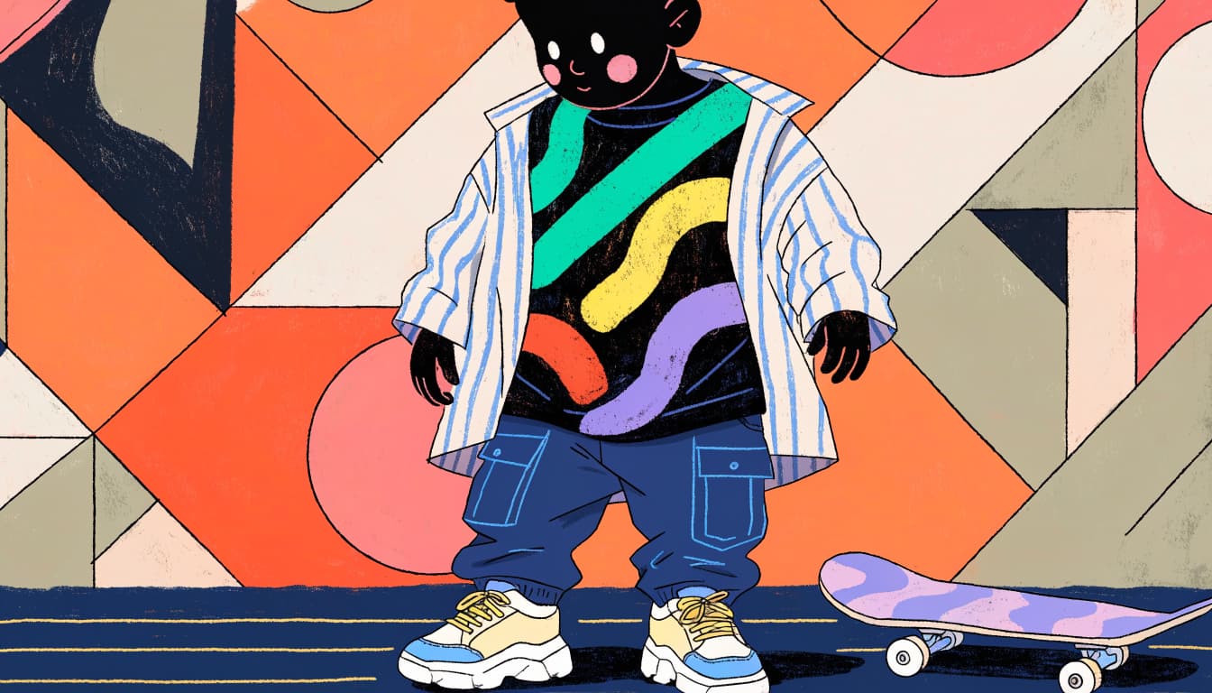 A toddler in a graphic tee and cargo pants stands by a mural and skateboard.