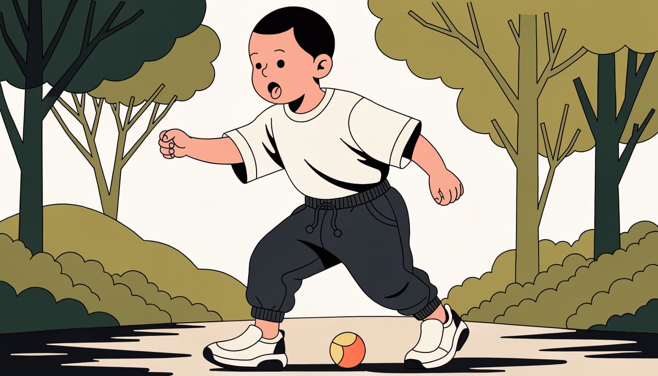 A toddler boy in a T-shirt and joggers stands ready to run near a ball in a park.