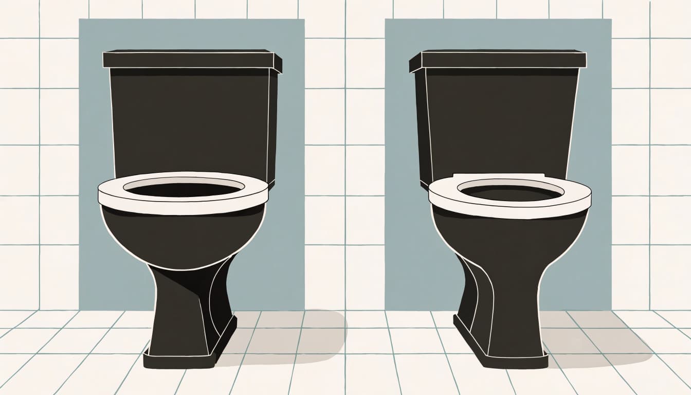 Two toilets with different bowl shapes are shown side by side on tiled floors.