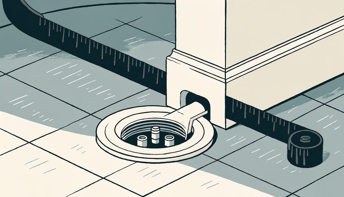 A toilet flange and bolts beside a wall, baseboard, and tape measure.