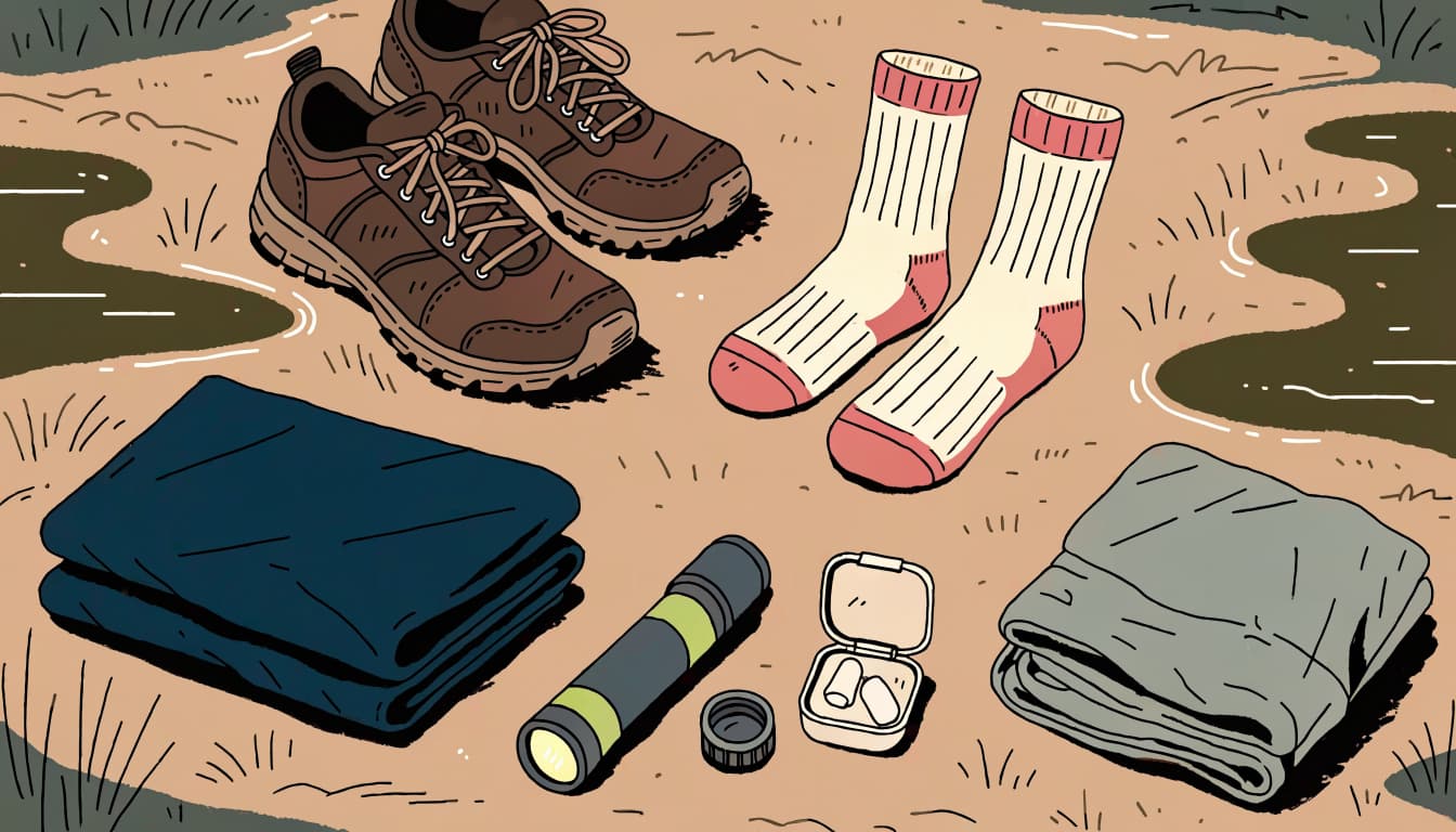 Trail sneakers, socks, and weather-ready gear arranged on damp campsite ground.