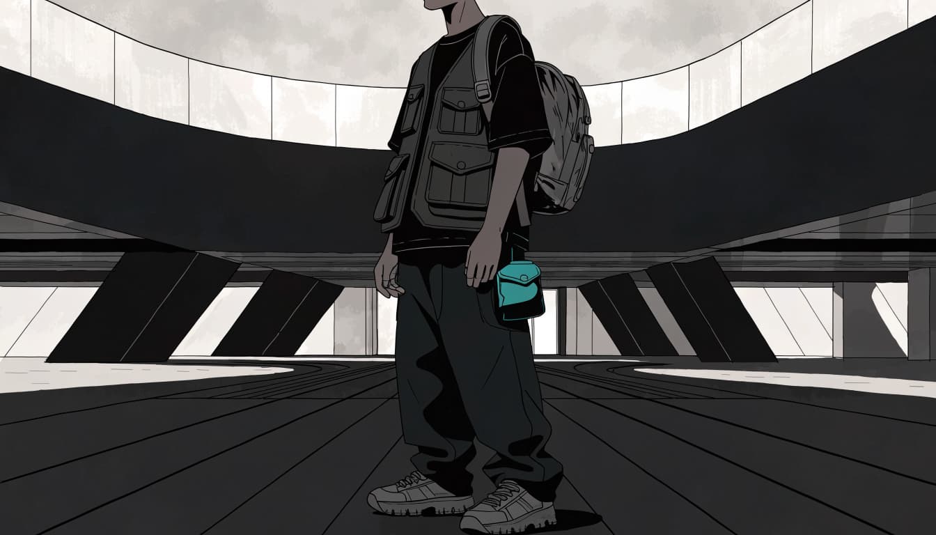 A man in a utility vest and relaxed pants stands at a modern transit entrance.