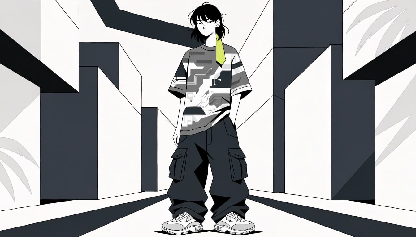 A person in a graphic tee and dark cargos stands in an angular alley with a colorful bag accessory.